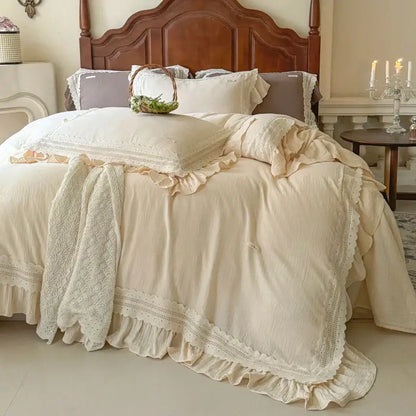 French ruffles cotton cream bedding set bedroom lace duvet cover