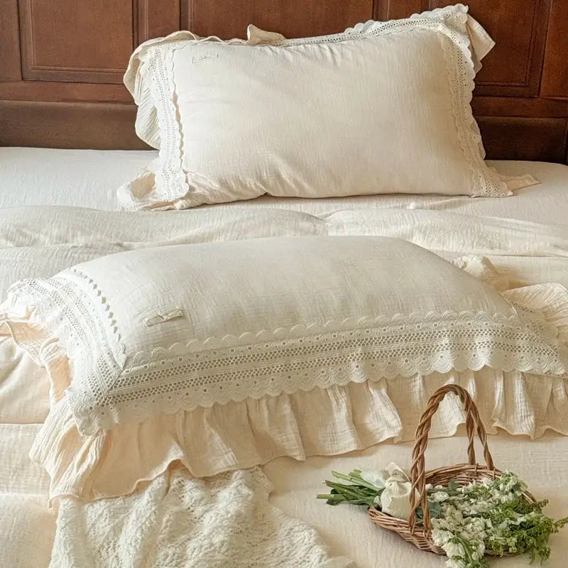 French ruffles cotton cream bedding set bedroom lace duvet cover