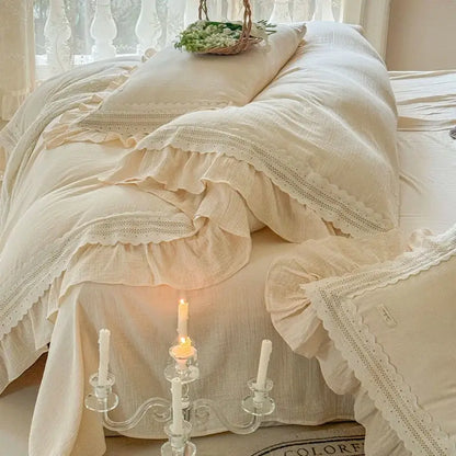French ruffles cotton cream bedding set bedroom lace duvet cover