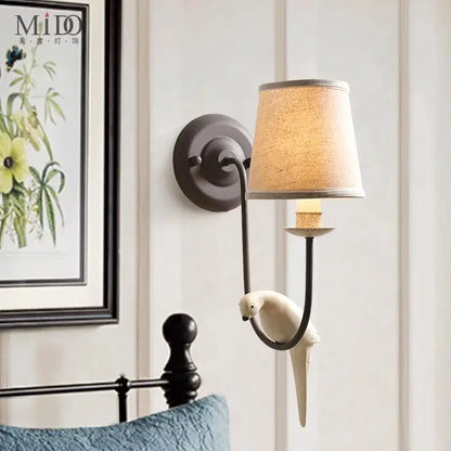 French rural cream ceramic bird decor antique wall lamp bedroom