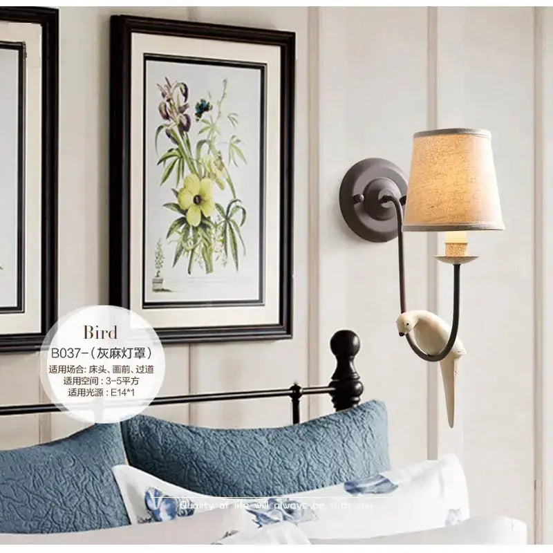 French rural cream ceramic bird decor antique wall lamp bedroom