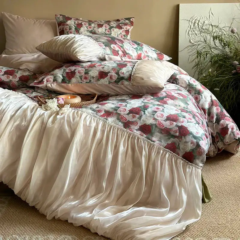 French rustic rose cream cotton duvet set bedroom pleated ruffles
