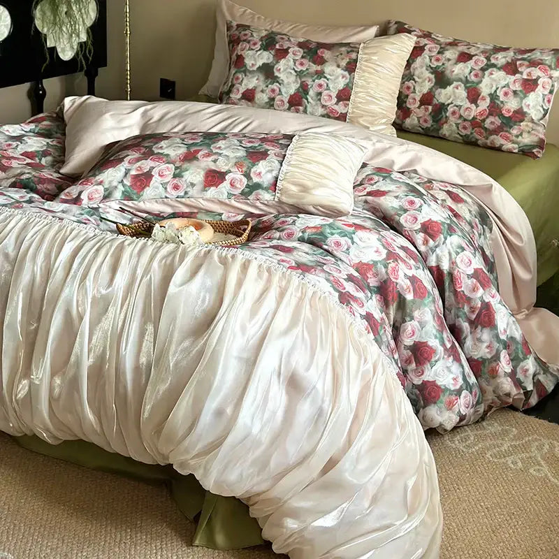 French rustic rose cream cotton duvet set bedroom pleated ruffles