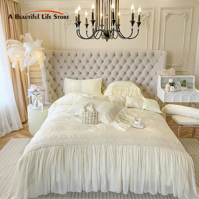French vintage beige lace ruffles bedding set bedroom decor