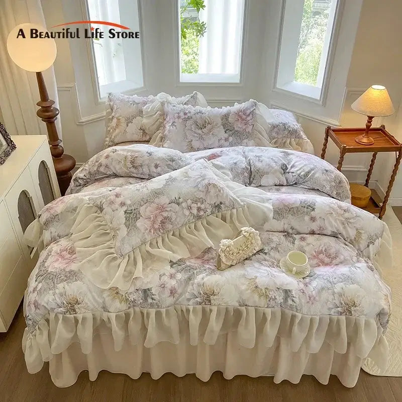 French vintage lace floral bedding set bedroom quilt cover
