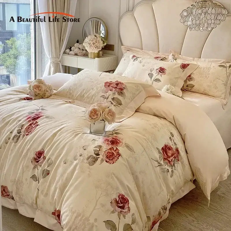 French vintage rose cream egyptian cotton bedding set bedroom
