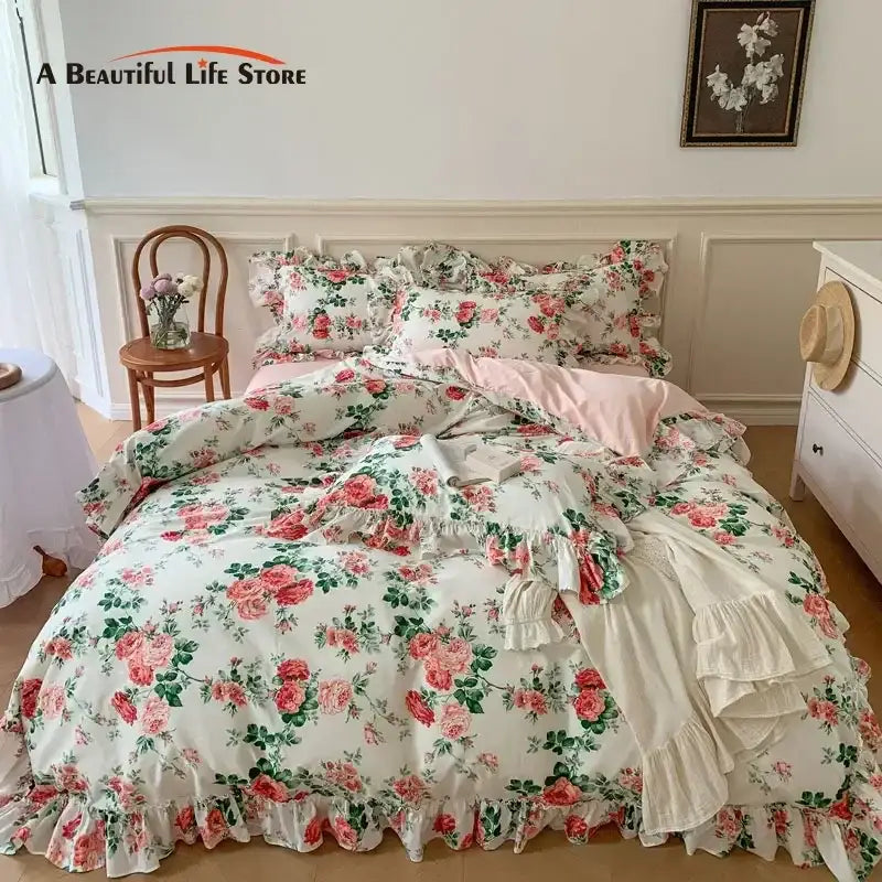 French vintage rose print bedding set with lace ruffles bedroom