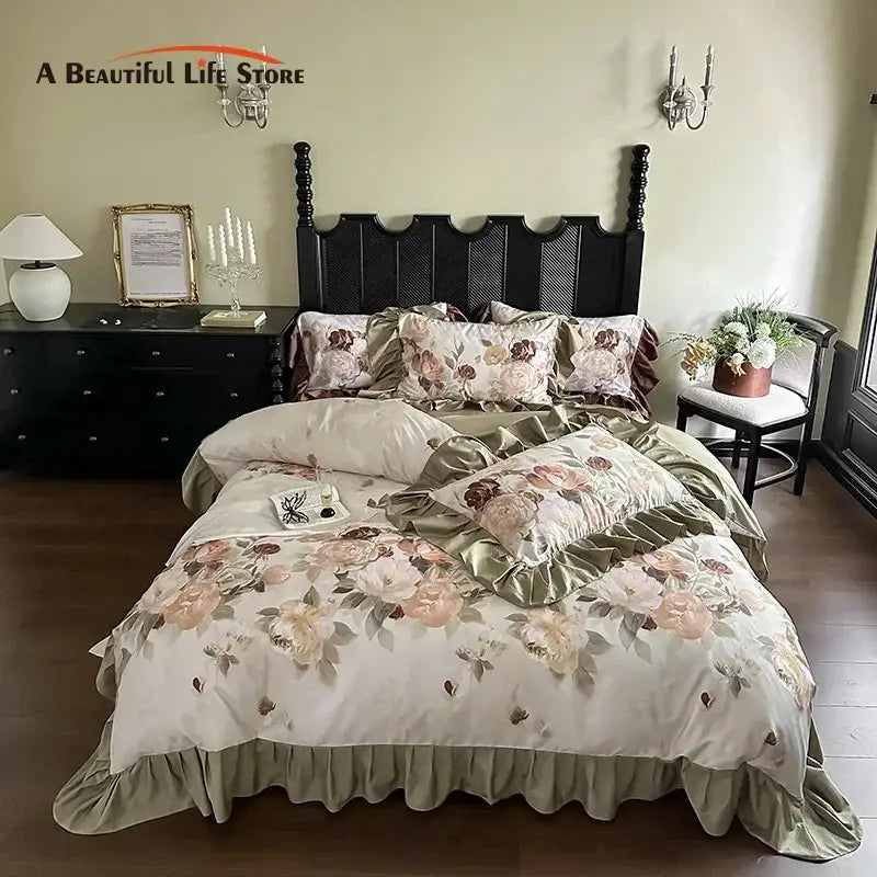 French vintage ruffles beige & olive green bedding set bedroom