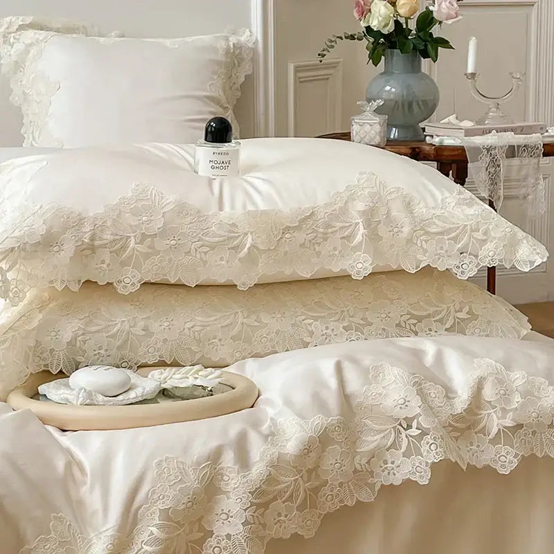 French wedding chic cream & white bedding set bedroom lace duvet cover