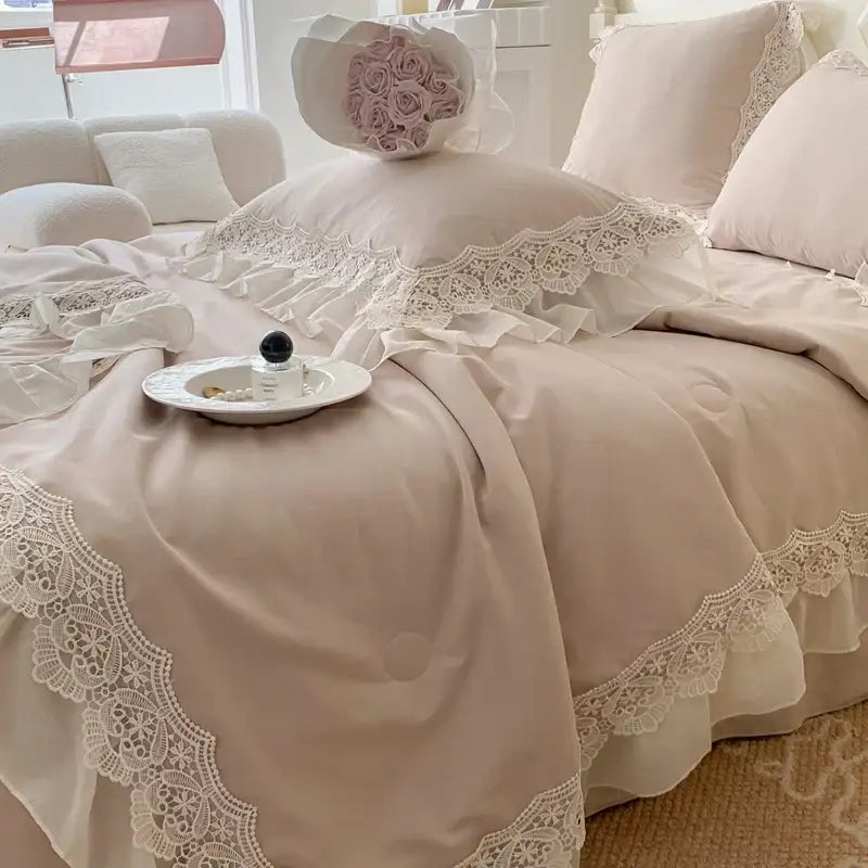 French wedding lace ruffles bedding set bedroom floral embroidery
