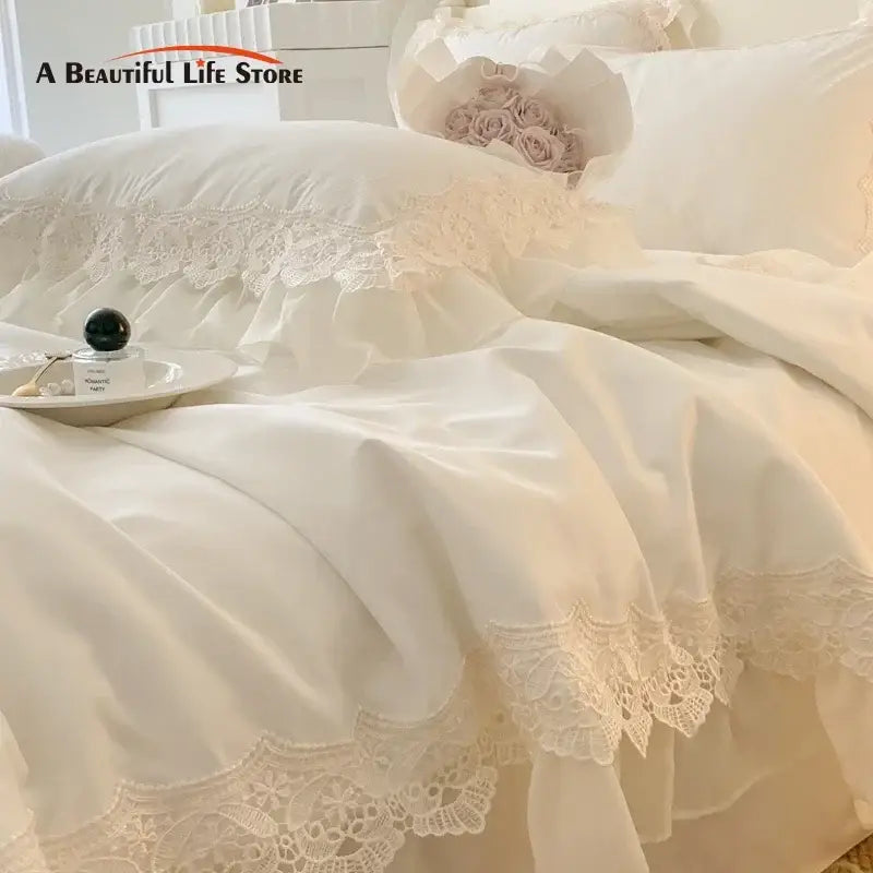 French wedding lace ruffles bedding set bedroom floral embroidery