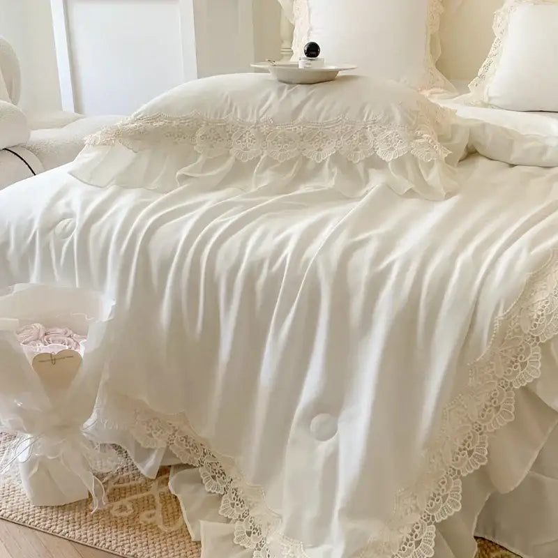French wedding lace ruffles bedding set bedroom floral embroidery