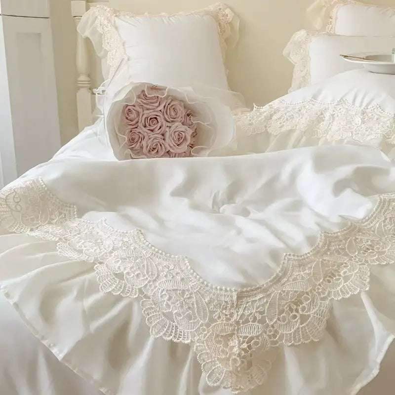 French wedding lace ruffles bedding set bedroom floral embroidery