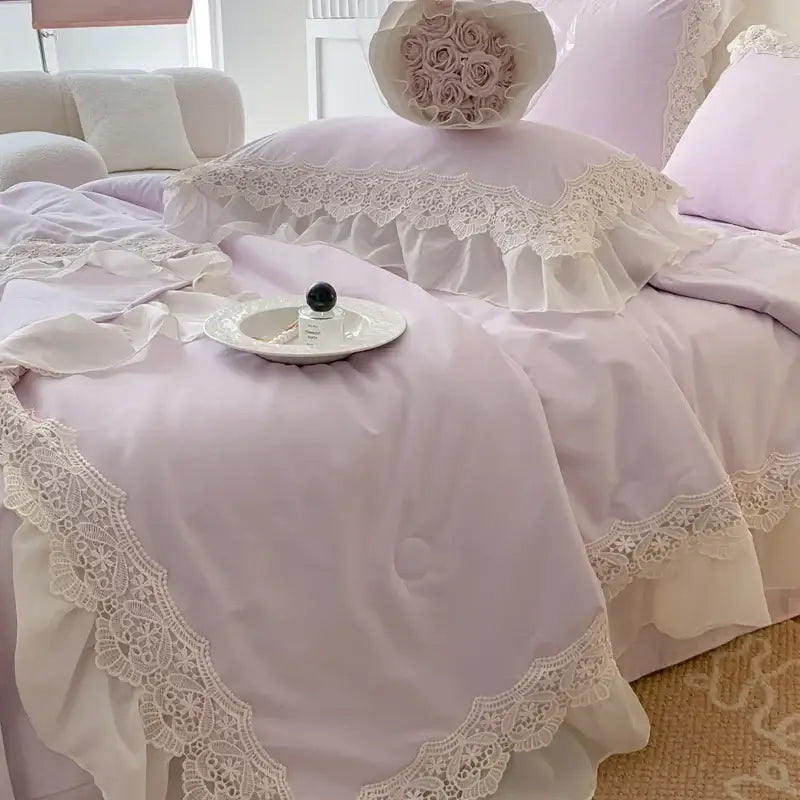 French wedding lace ruffles bedding set bedroom floral embroidery