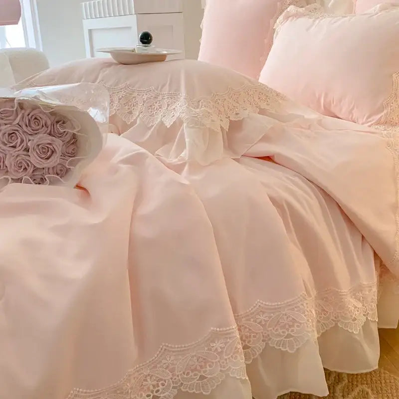 French wedding lace ruffles bedding set bedroom floral embroidery