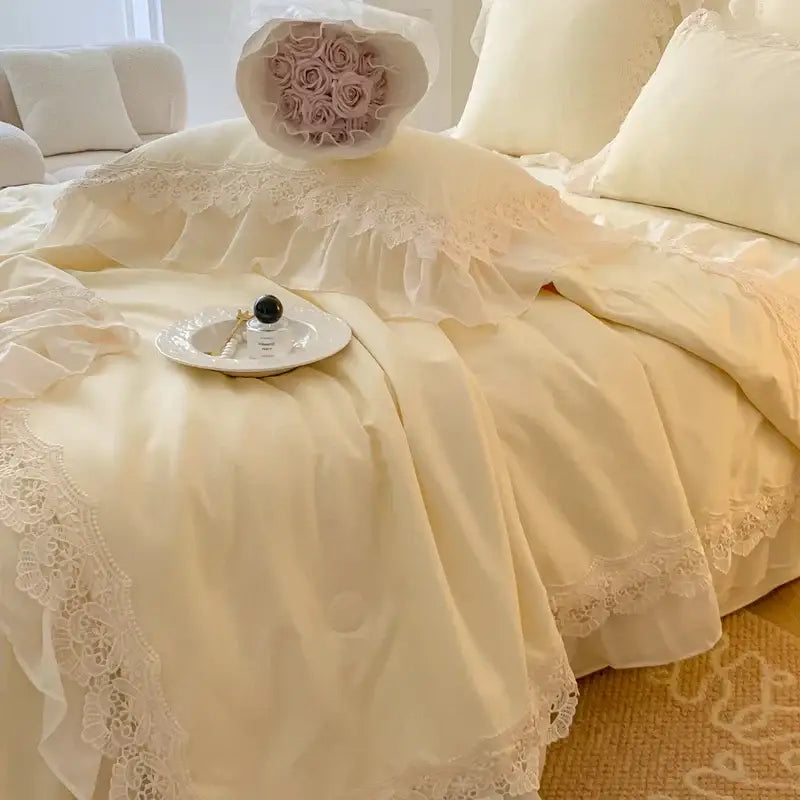 French wedding lace ruffles bedding set bedroom floral embroidery