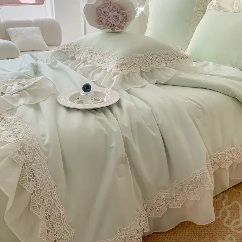 French wedding lace ruffles bedding set bedroom floral embroidery