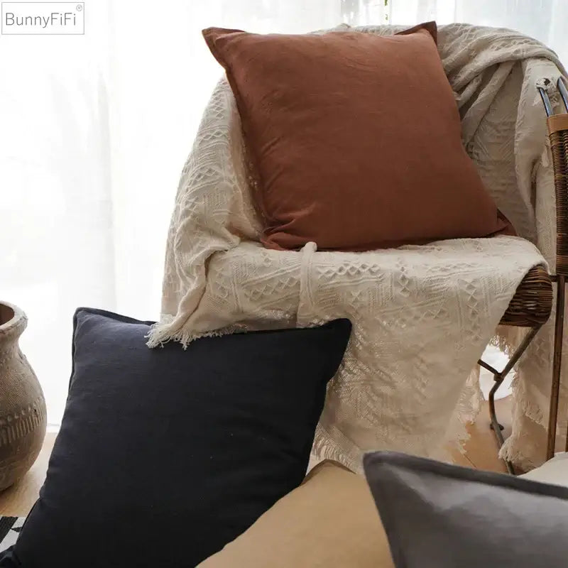 Fringed earth tone linen pillow cover living room decor