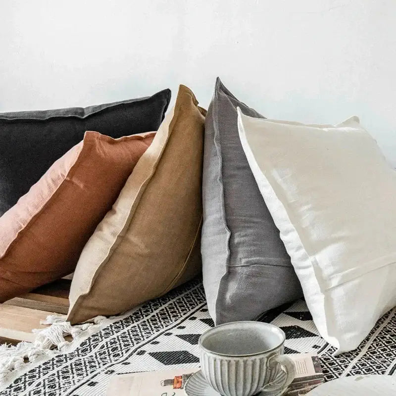 Fringed linen pillow cover ivory & grey living room decor