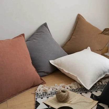 Fringed linen pillow cover ivory & grey living room decor