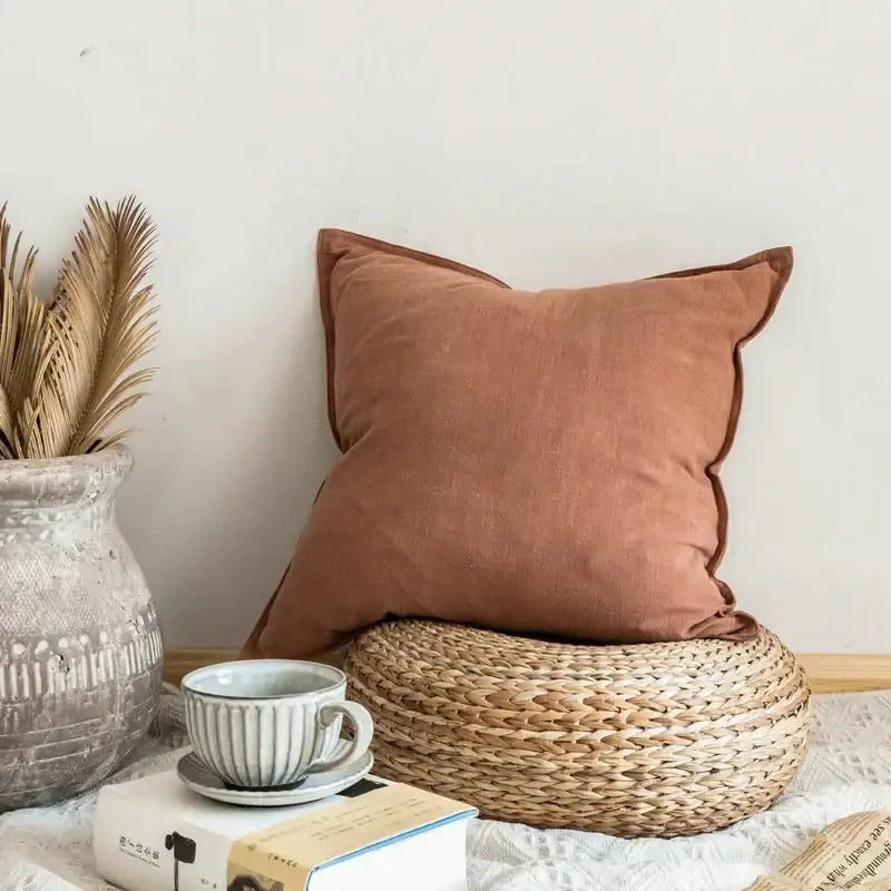 Fringed linen pillow cover ivory & grey living room decor