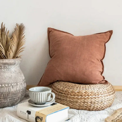 Fringed linen pillow cover ivory & grey living room decor