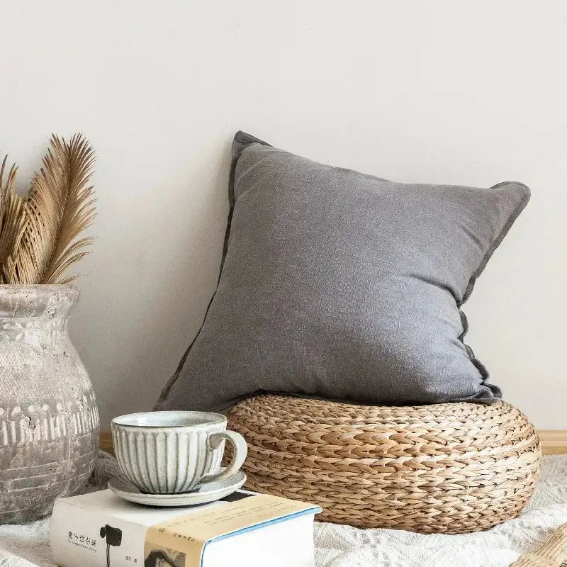 Fringed linen pillow cover ivory & grey living room decor