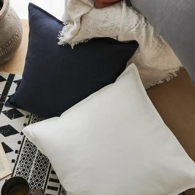 Fringed linen pillow cover ivory & grey living room decor