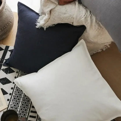 Fringed linen pillow cover ivory & grey living room decor