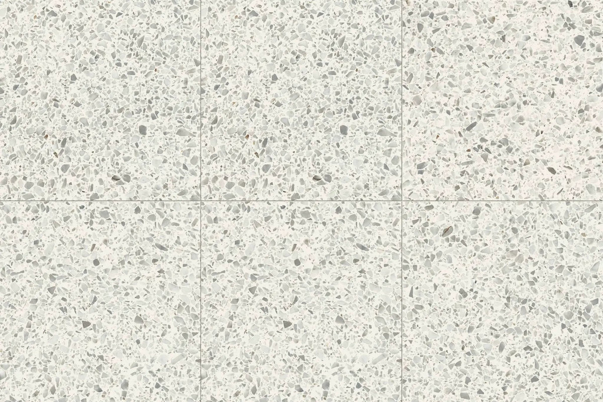 Frontier20 Diamond White L Shape Mitered Edge Corner Right Terrazzo Look Porcelain Moldings 12x24