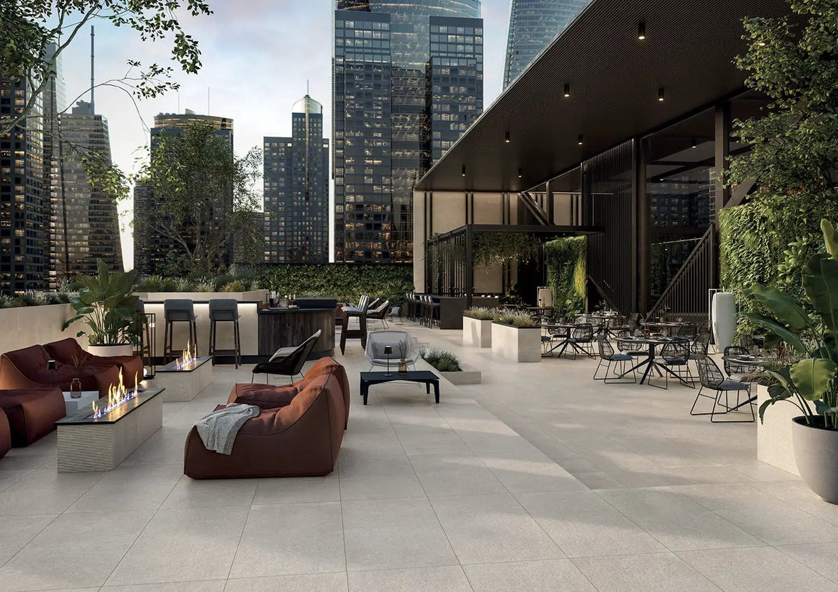 Frontier20 Indiana Buff Select Mix + Limestone Look Porcelain Pavers 24x48