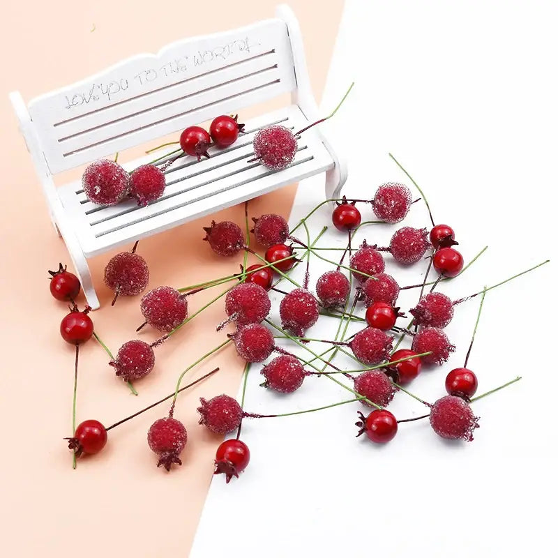 Frosted red foam cherry artificial fruits dining room decor set