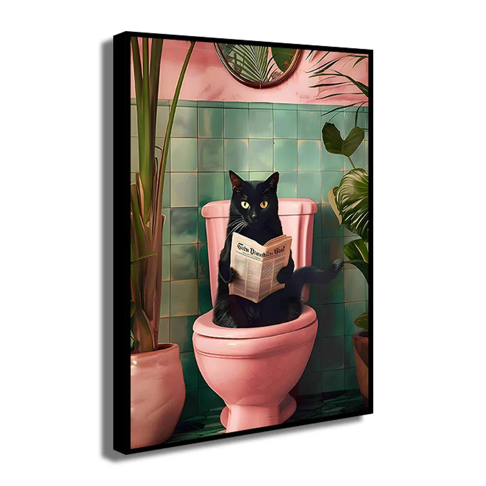 DecorBites™ Funny Cat Reading on Toilet Canvas Art