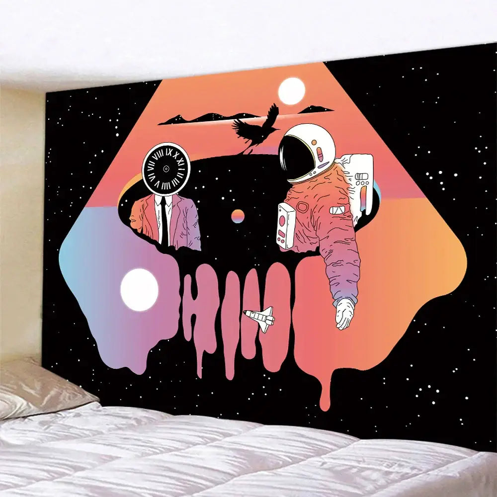 Futuristic astronaut tapestry wall hanging orange bedroom decor