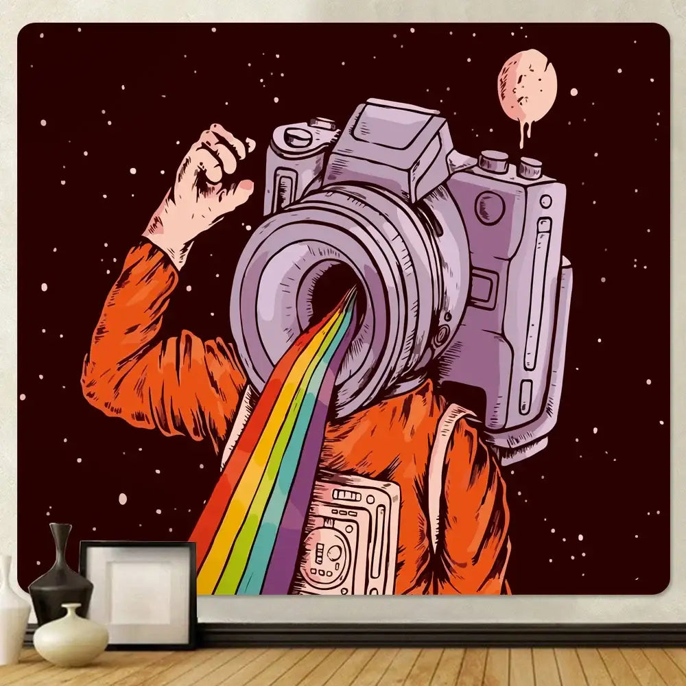 Futuristic astronaut tapestry wall hanging orange bedroom decor