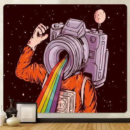 Futuristic astronaut tapestry wall hanging orange bedroom decor