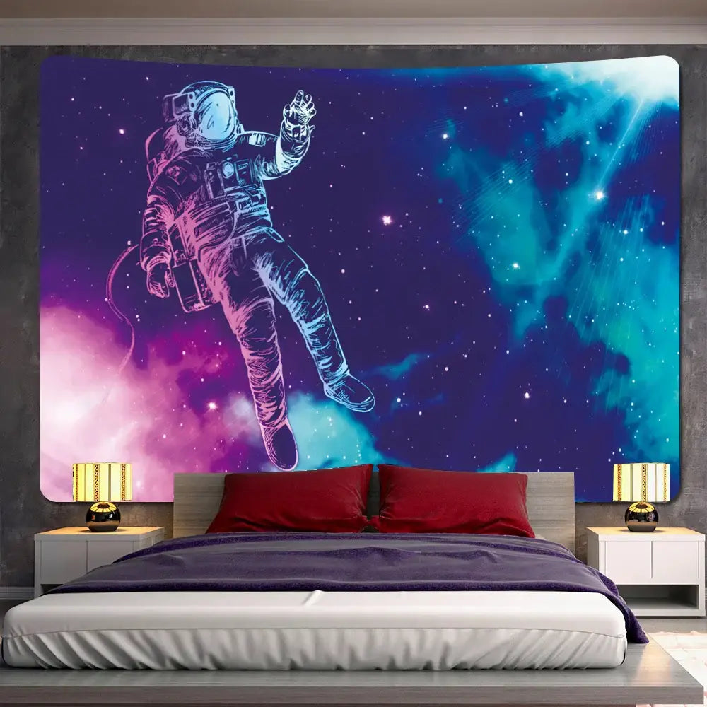Futuristic astronaut tapestry wall hanging orange bedroom decor