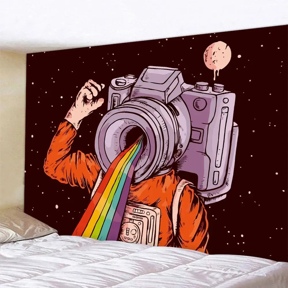 Futuristic astronaut tapestry wall hanging orange bedroom decor