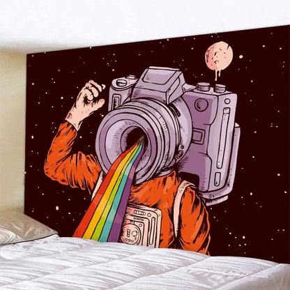 Futuristic astronaut tapestry wall hanging orange bedroom decor