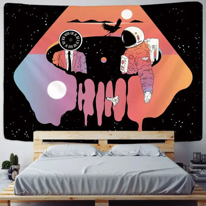 Futuristic astronaut tapestry wall hanging orange bedroom decor