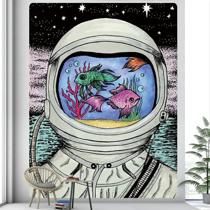 Futuristic astronaut tapestry wall hanging orange bedroom decor