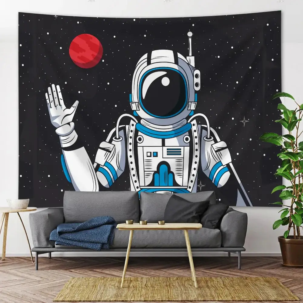 Futuristic astronaut tapestry wall hanging orange bedroom decor