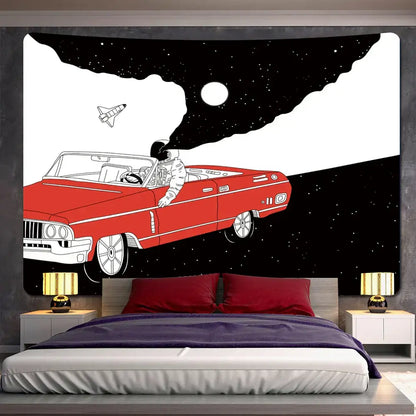 Futuristic astronaut tapestry wall hanging orange bedroom decor