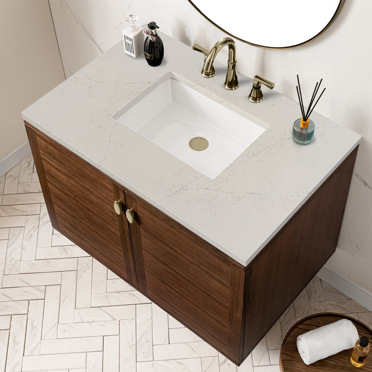 James Martin Amberly 36" Dual Mount Single Bathroom Vanity, Mid-Century Walnut