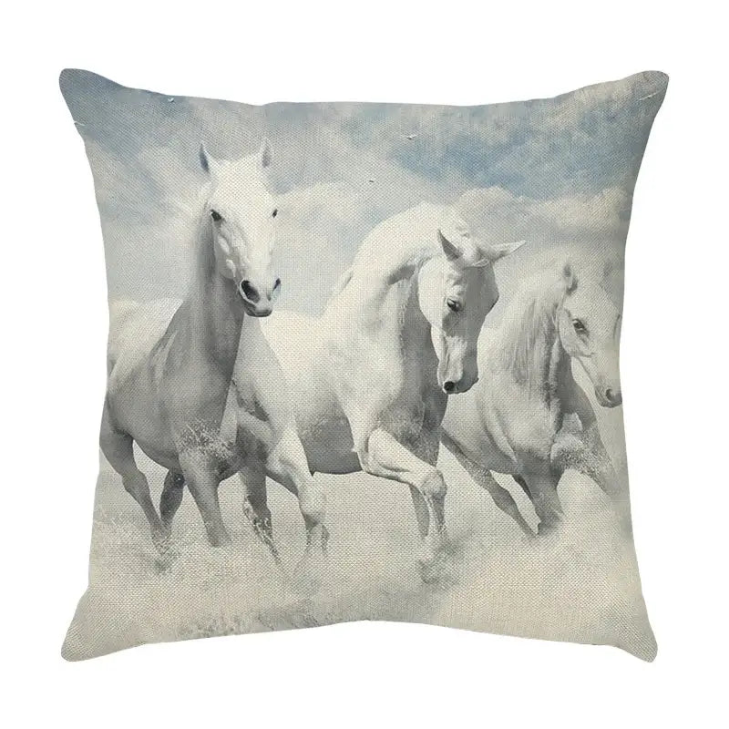Galloping horse pillowcase vibrant linen cushion cover living room