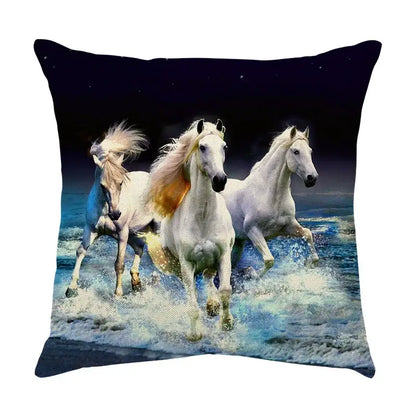 Galloping horse pillowcase vibrant linen cushion cover living room