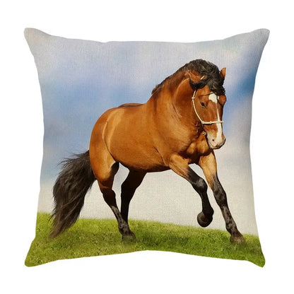 Galloping horse pillowcase vibrant linen cushion cover living room