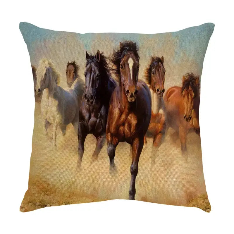 Galloping horse pillowcase vibrant linen cushion cover living room