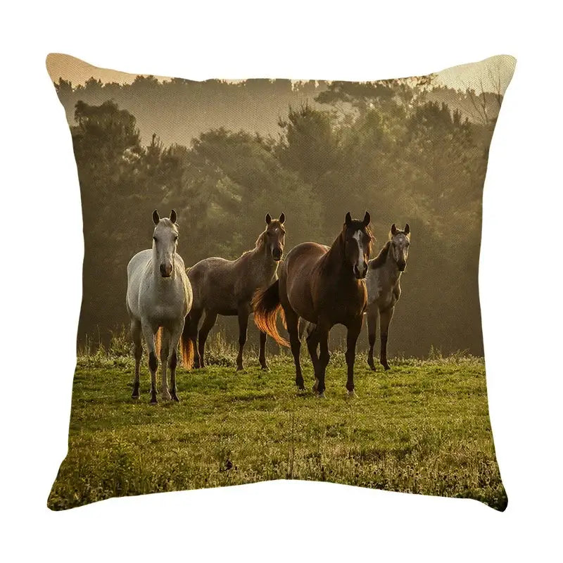 Galloping horse pillowcase vibrant linen cushion cover living room