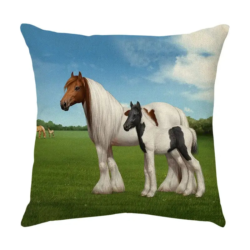 Galloping horse pillowcase vibrant linen cushion cover living room